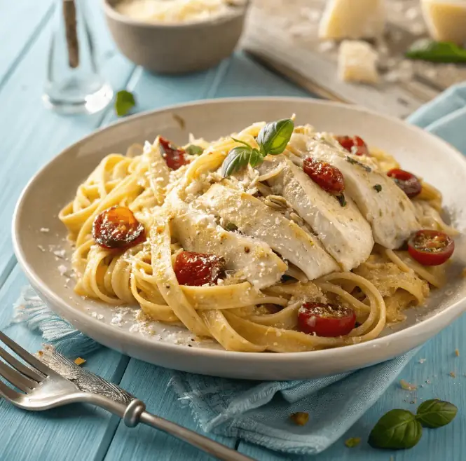 Easy Marry Me Chicken pasta recipe with creamy sauce, cherry tomatoes and fettuccine on a plate