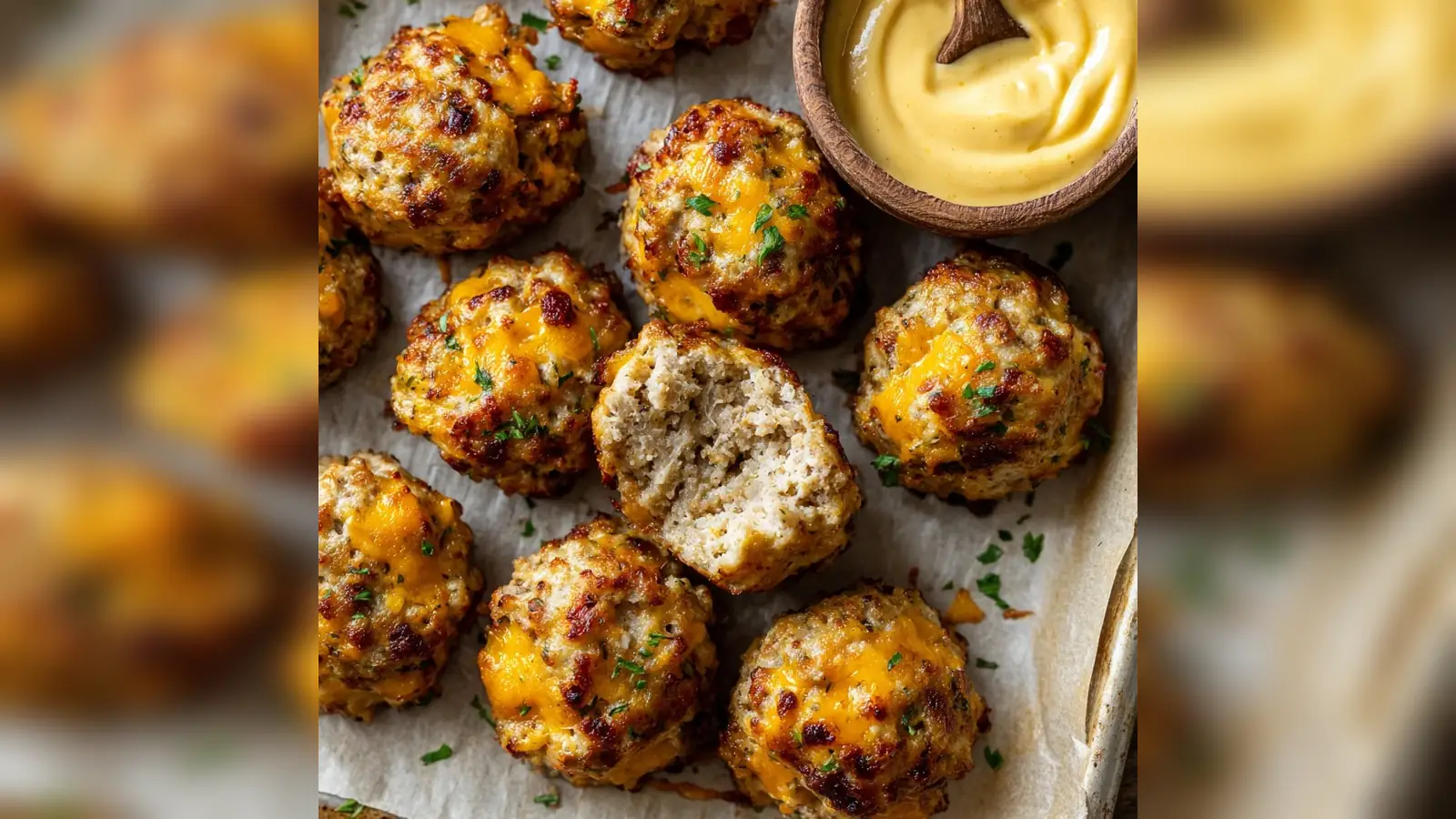 Cheesy chicken meatballs baked until golden and served with creamy mustard sauce