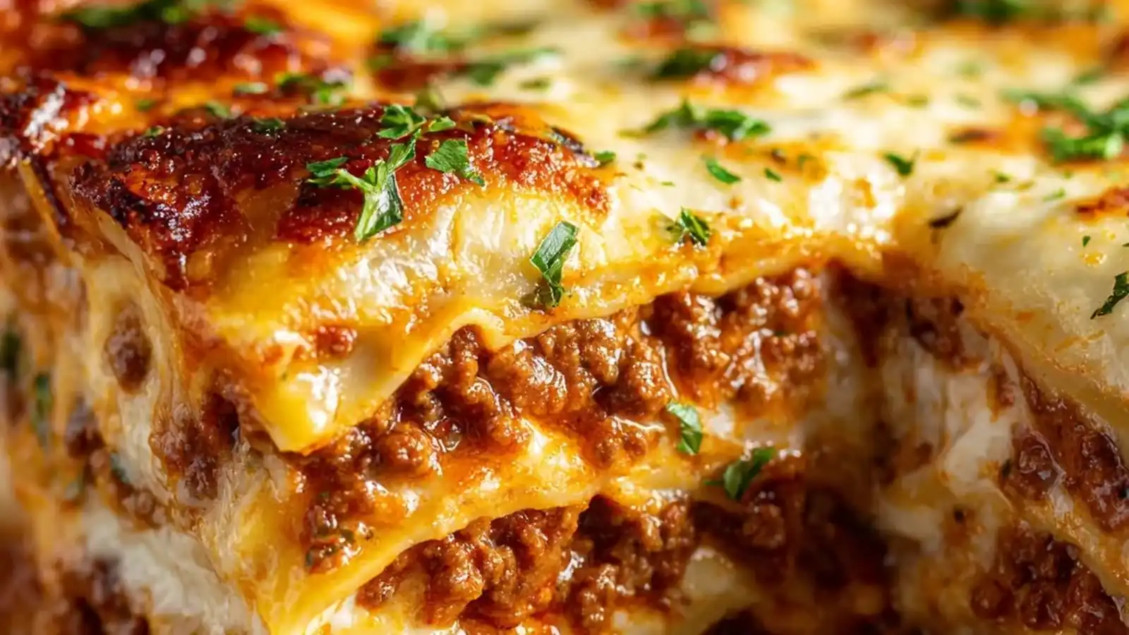Low carb keto beef lasagna with layers of ground beef and melted cheese