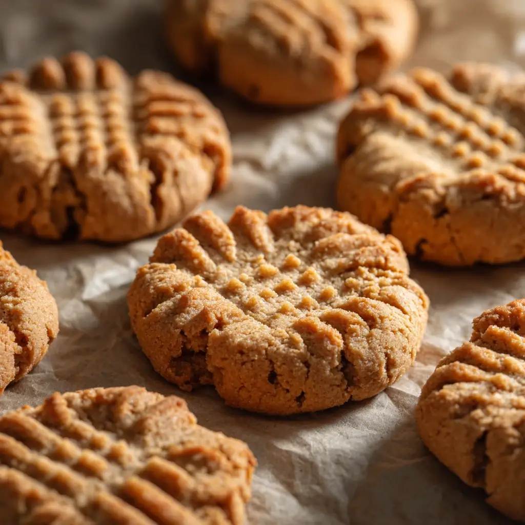 Keto peanut butter cookies with fork-pressed crisscross pattern on parchment paper