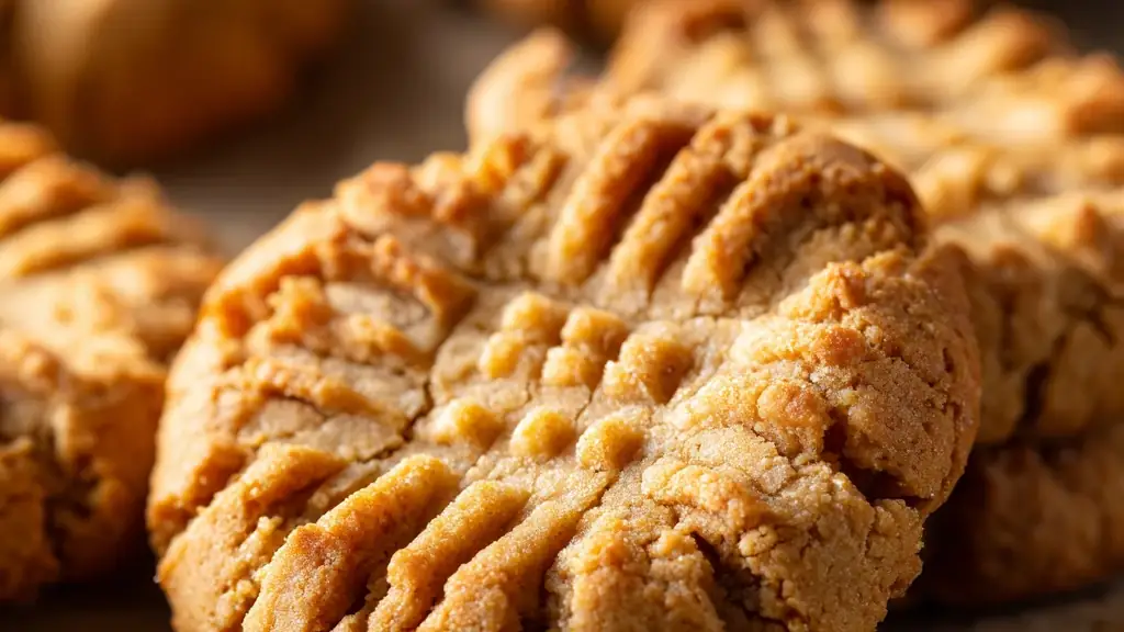 Close-up of keto peanut butter cookies with a crisscross fork pattern