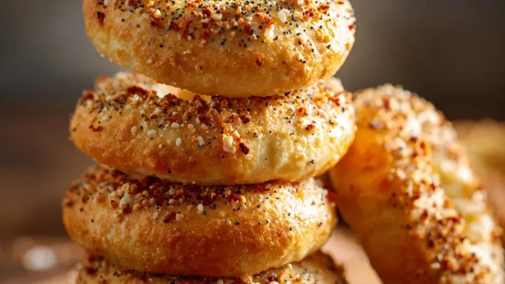Low carb everything bagels stacked on a wooden board with seeded topping