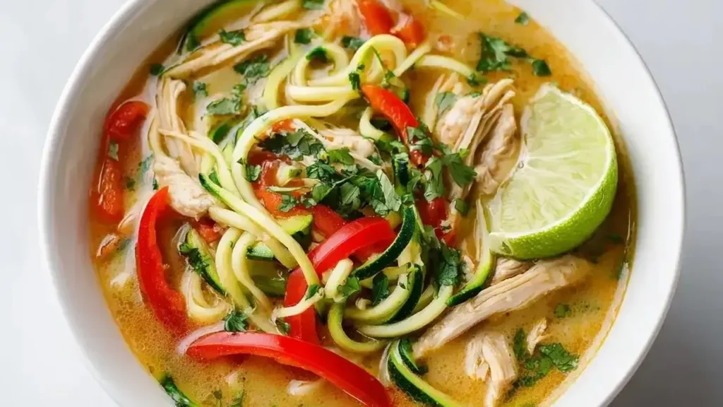 Bowl of Thai chicken zoodle soup with zucchini noodles and fresh herbs