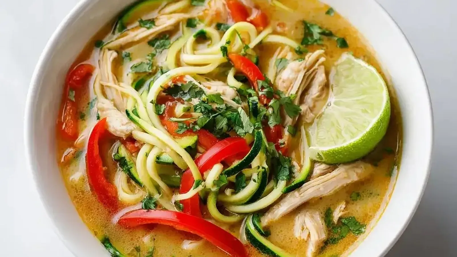 Bowl of Thai chicken zoodle soup with zucchini noodles and fresh herbs