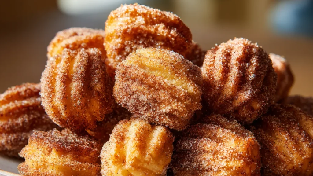 Sweet air fryer churro bites coated in cinnamon sugar