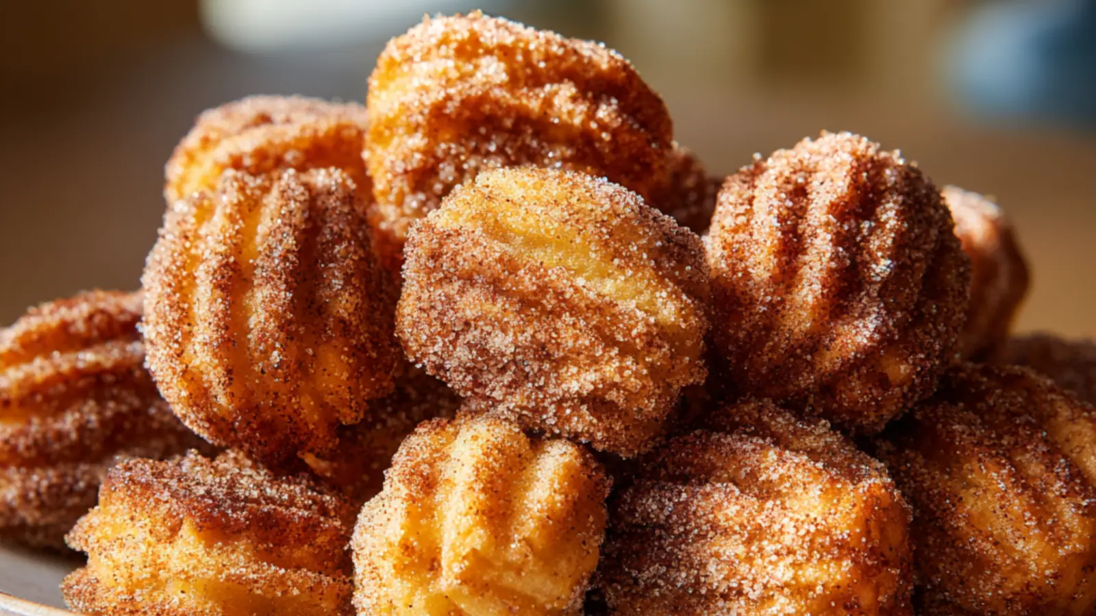 Sweet air fryer churro bites coated in cinnamon sugar