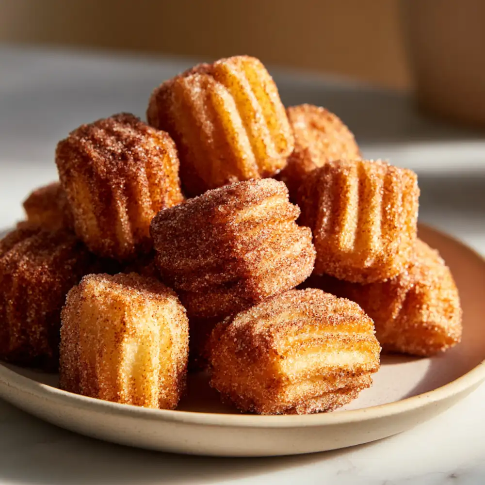 Golden air fryer churro bites coated in cinnamon sugar, stacked on a ceramic plate