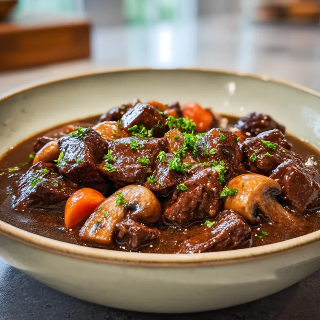 Slow-cooked beef bourguignon with tender beef chunks, mushrooms, and carrots in rich brown sauce