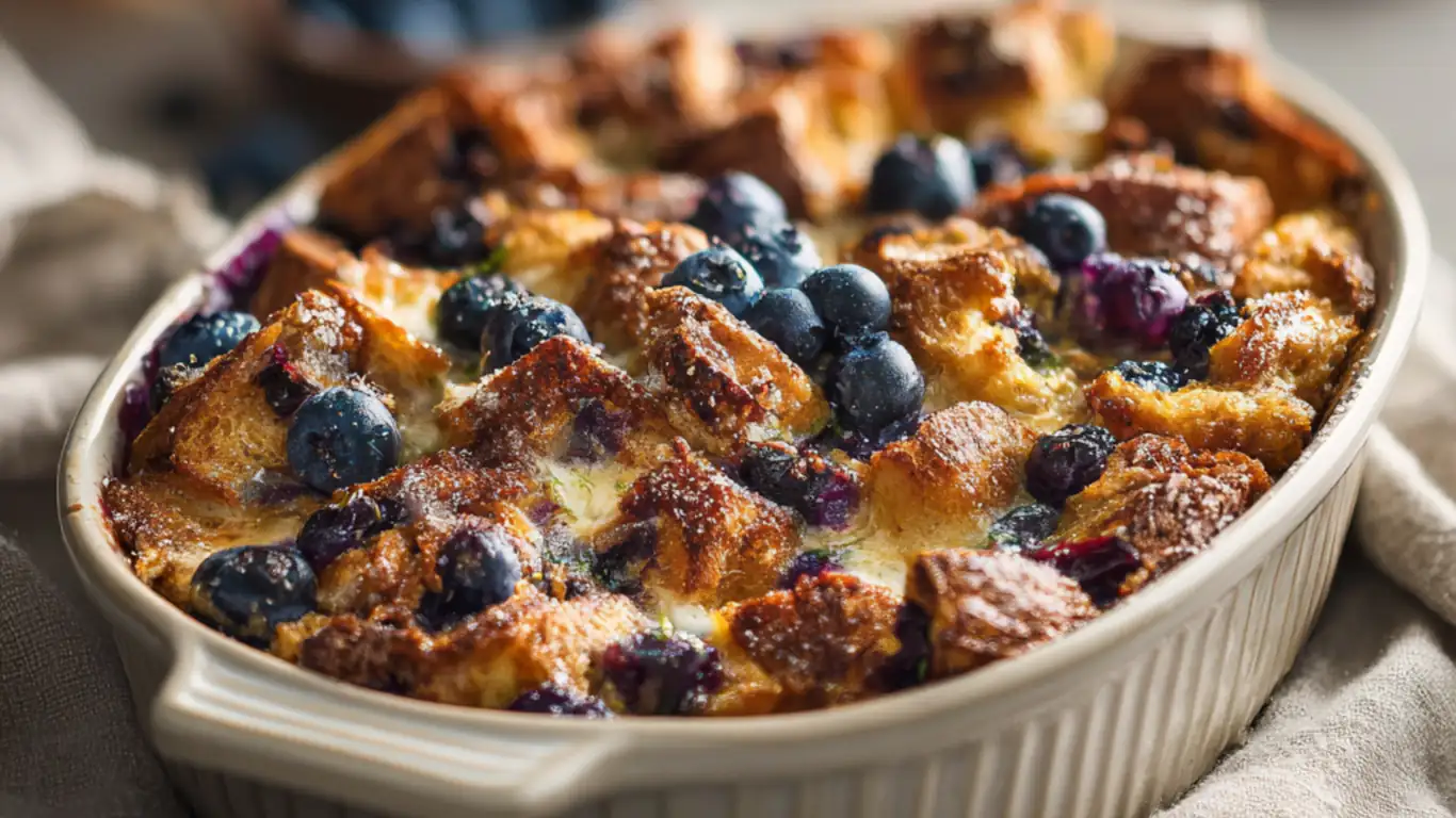 Blueberry French toast casserole baked until golden and bubbly