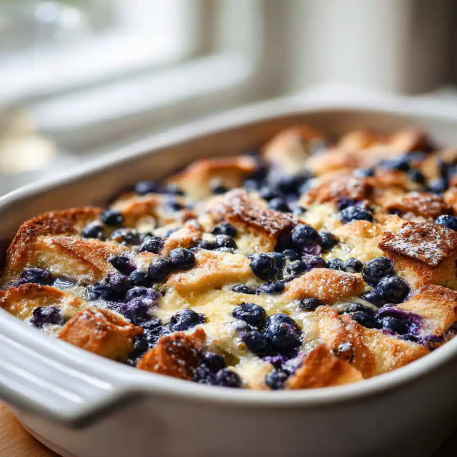 Baked blueberry French toast casserole with custardy center