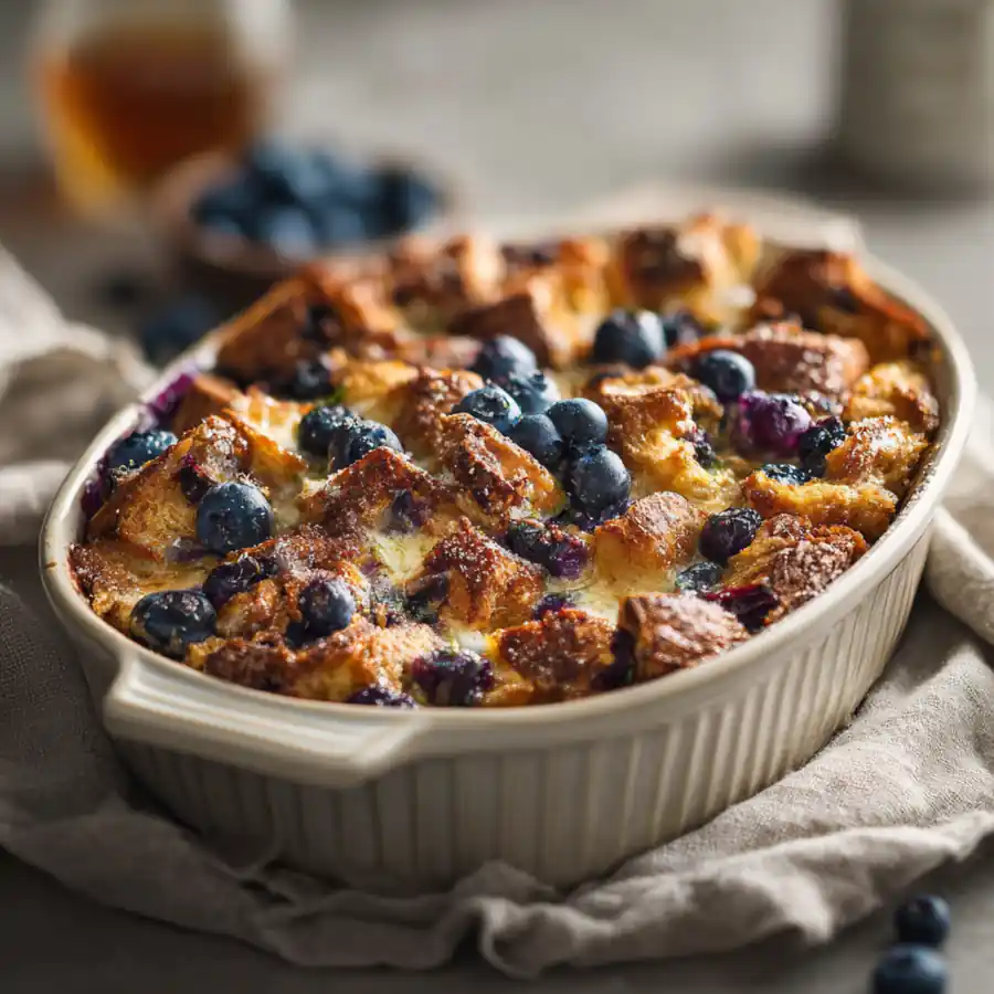 Baked blueberry French toast casserole served in a ceramic dish