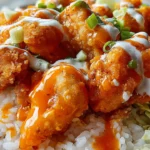 Buffalo chicken bowl with crispy chicken bites, rice, shredded lettuce, and creamy drizzle.
