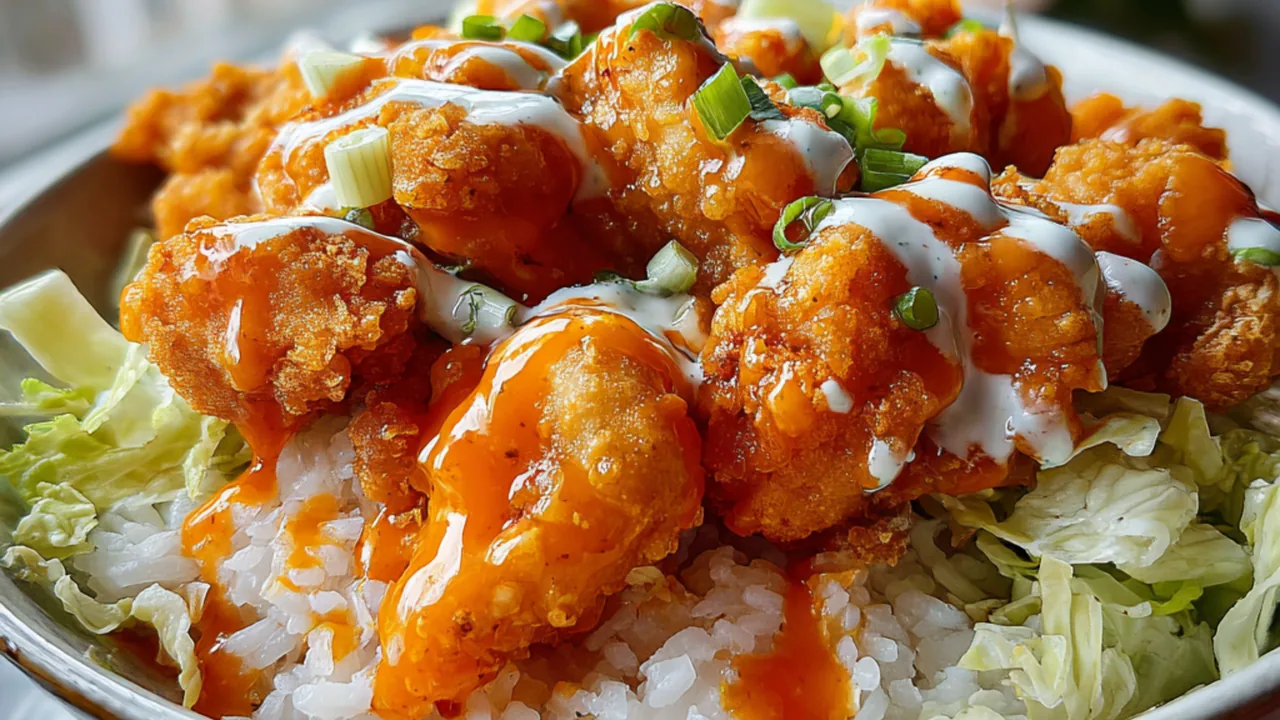 Buffalo chicken bowl with crispy chicken bites, rice, shredded lettuce, and creamy drizzle.