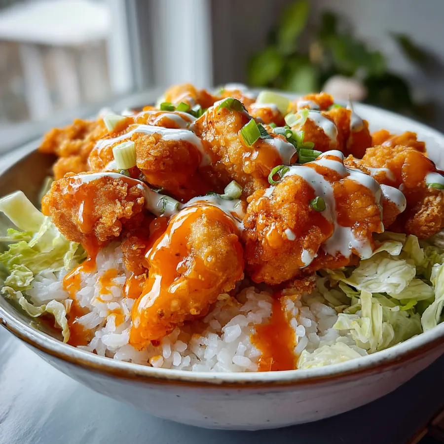 Crispy buffalo chicken pieces layered over rice with lettuce and sauce.
