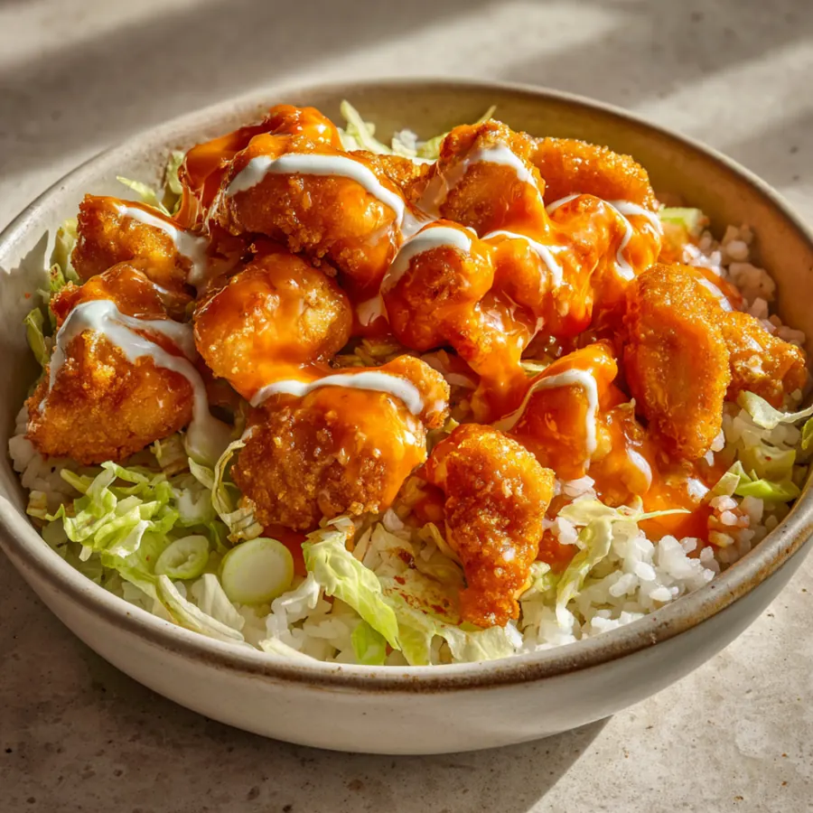 Buffalo chicken rice bowl with crispy chicken pieces, shredded lettuce, and creamy drizzle.