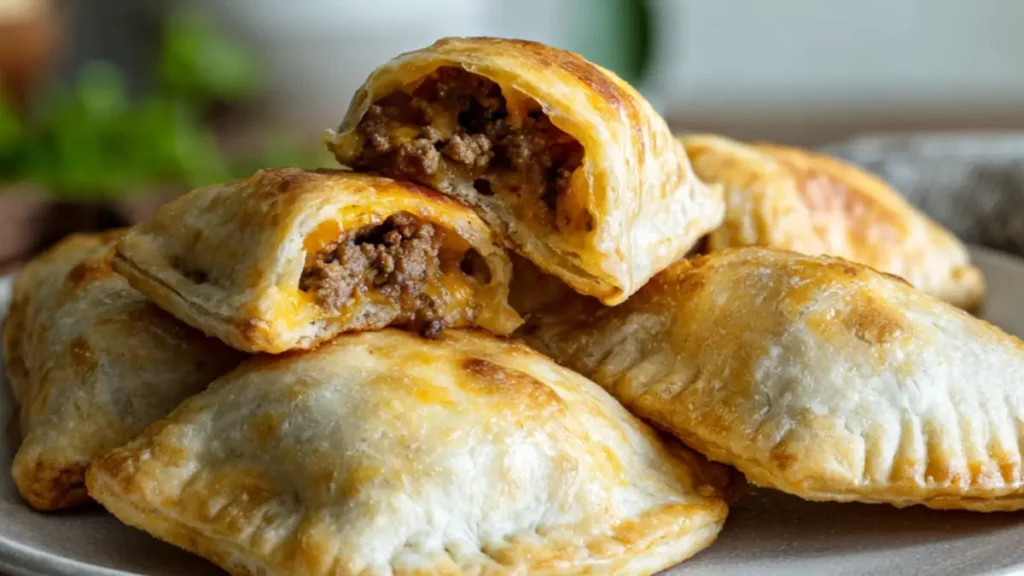 Baked cheeseburger pockets stacked on a plate with flaky crust and beef filling