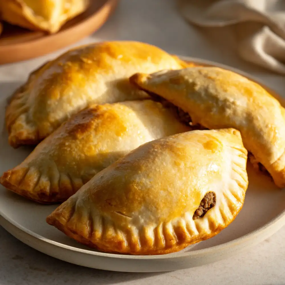 Golden baked cheeseburger pockets filled with seasoned beef and melted cheese on a plate