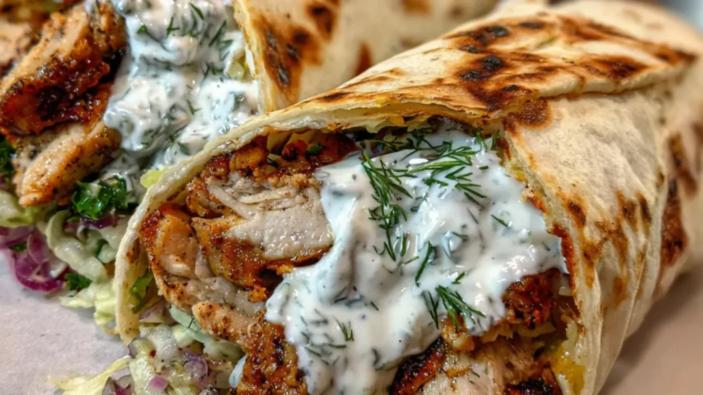 Chicken shawarma wrap filled with spiced grilled chicken, fresh vegetables, and creamy garlic sauce.
