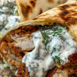 Chicken shawarma wrap filled with spiced grilled chicken, fresh vegetables, and creamy garlic sauce.