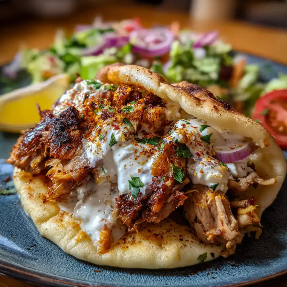 Chicken shawarma pita topped with creamy garlic sauce and fresh herbs.
