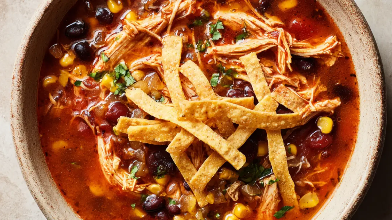 Chicken tortilla soup with shredded chicken, beans, corn, and crispy tortilla strips
