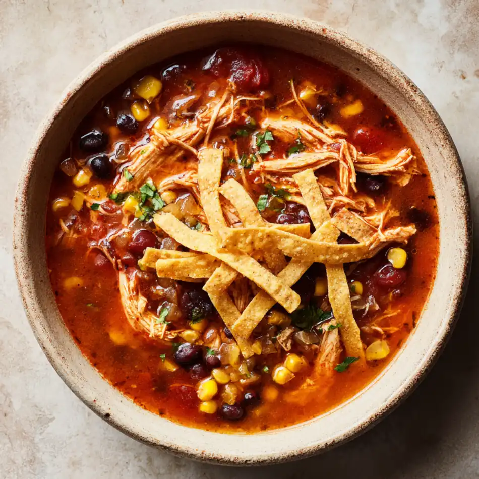 Bowl of chicken tortilla soup with tortilla strips and vegetables
