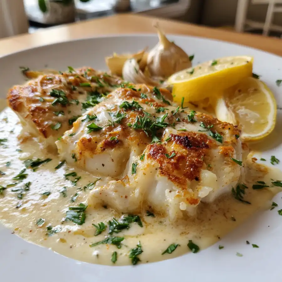 Creamy garlic lemon fish served with fresh herbs and lemon wedges.