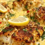 Creamy baked cod in coconut lemon sauce with golden crust and fresh lemon slices