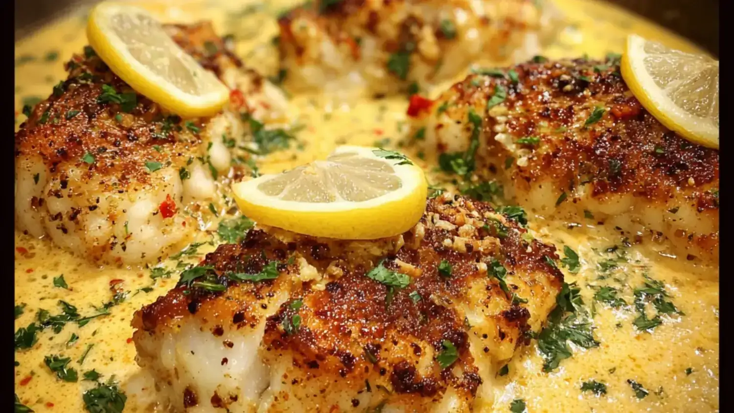 Creamy baked cod in coconut lemon sauce with golden crust and fresh lemon slices