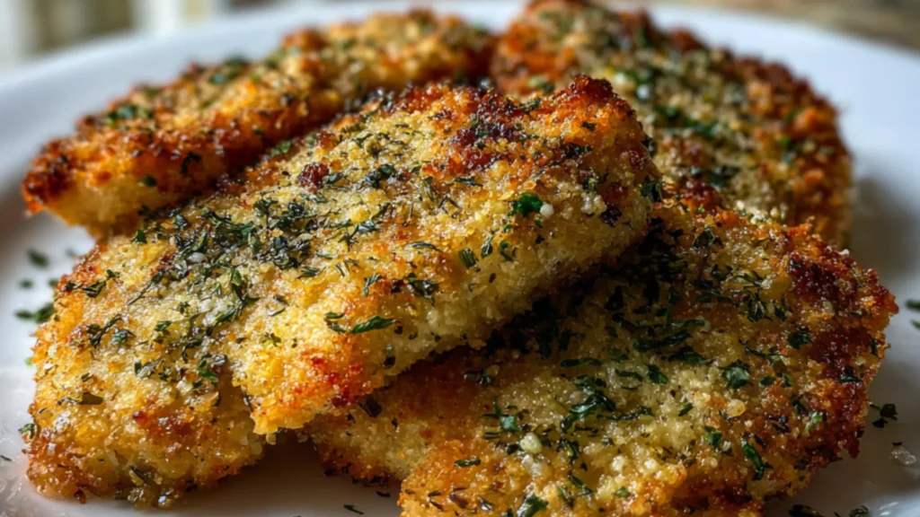 Crispy dill pickle Parmesan chicken with a golden herb crust