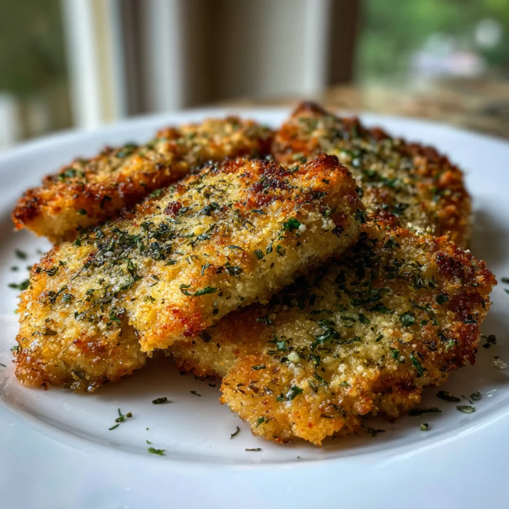 Breaded dill pickle Parmesan chicken pieces on a plate