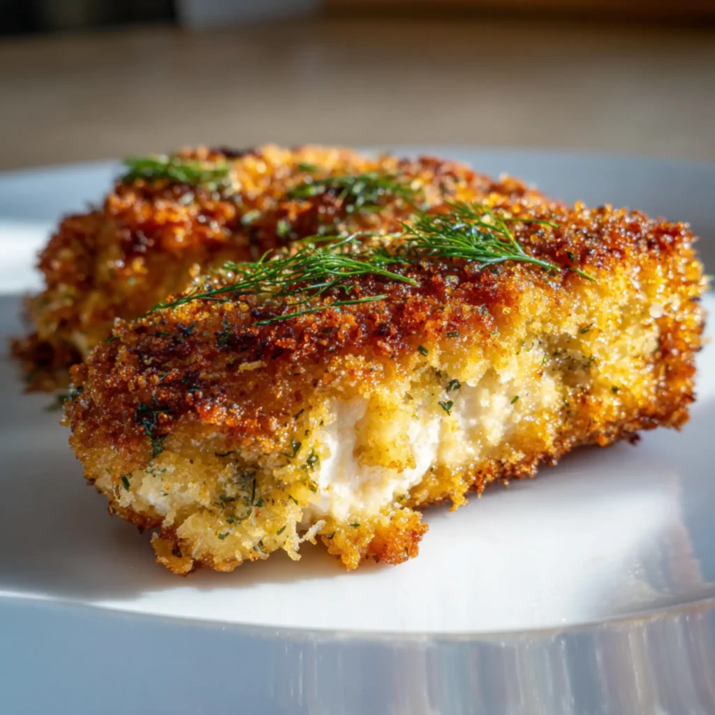 Crispy dill pickle Parmesan chicken with golden crust
