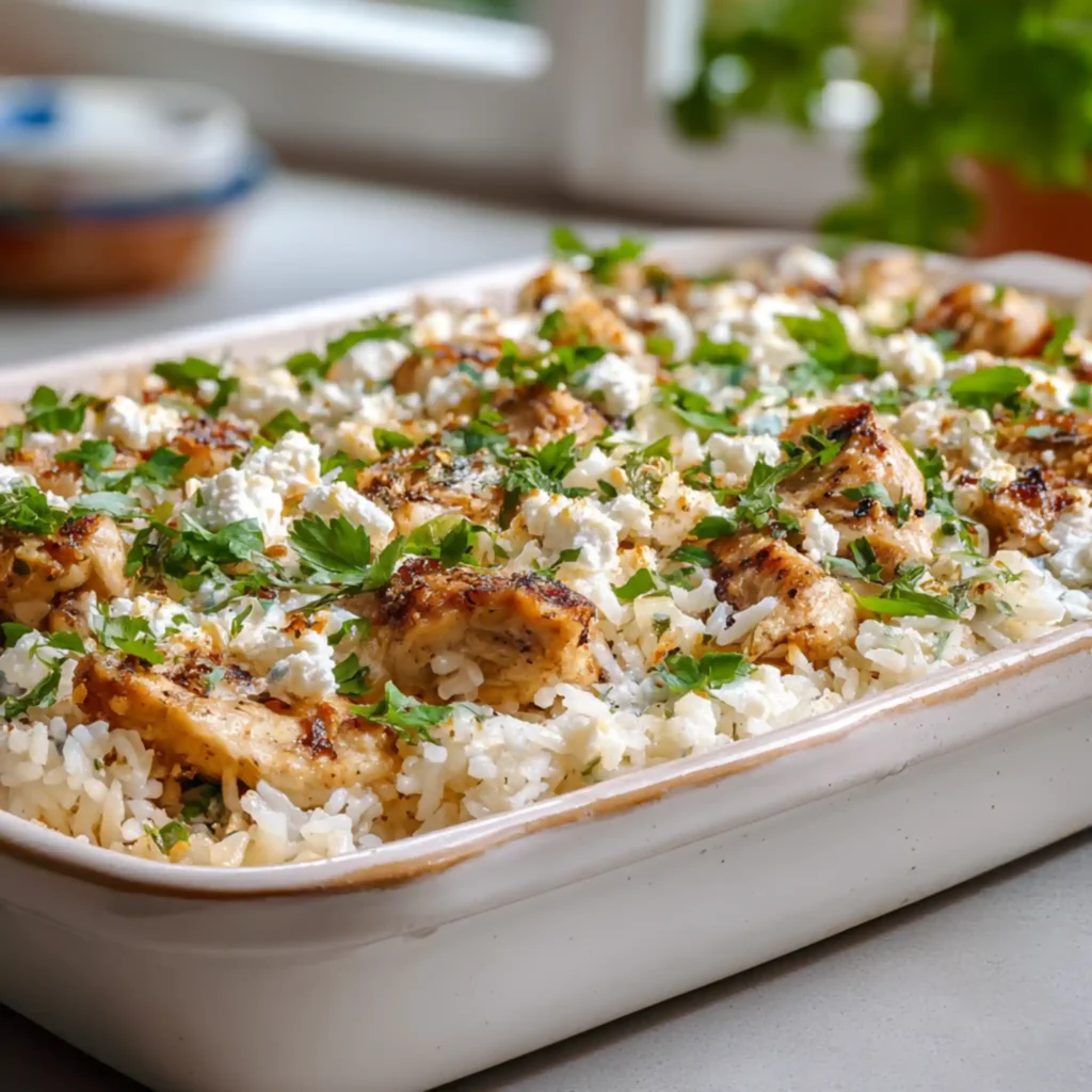 Baked chicken and rice casserole topped with feta cheese, herbs, and creamy tzatziki sauce