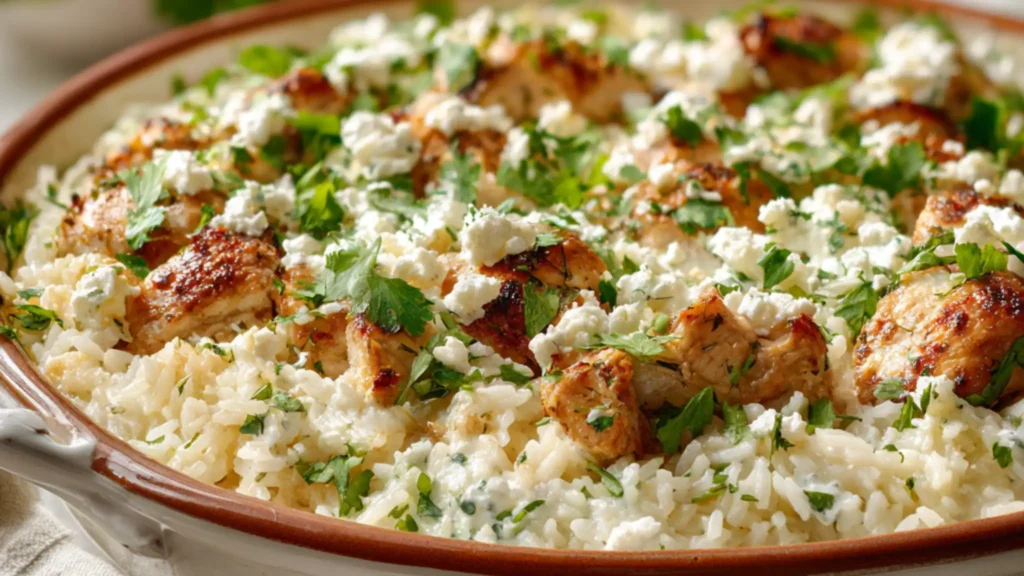 Dump and bake chicken tzatziki rice casserole with feta cheese and fresh herbs