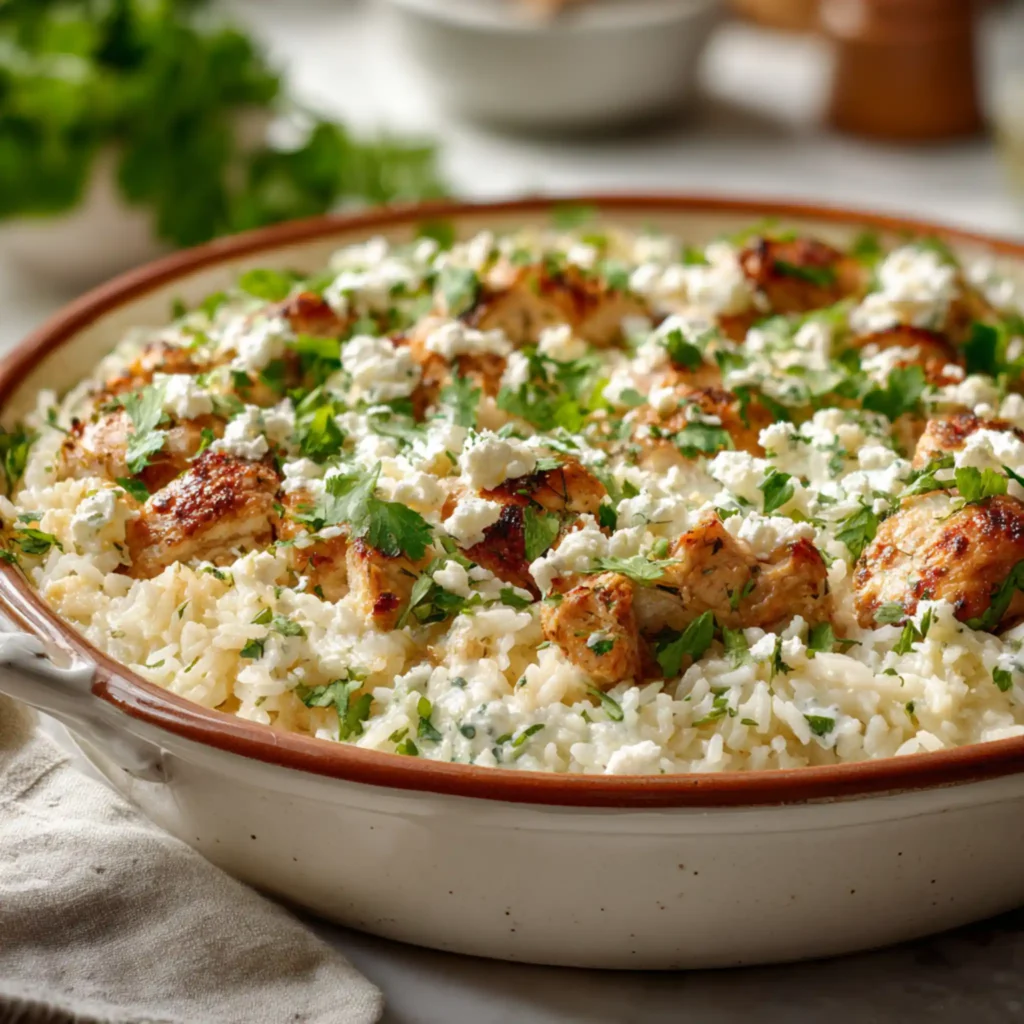 Baked chicken and rice topped with feta cheese, herbs, and creamy tzatziki sauce