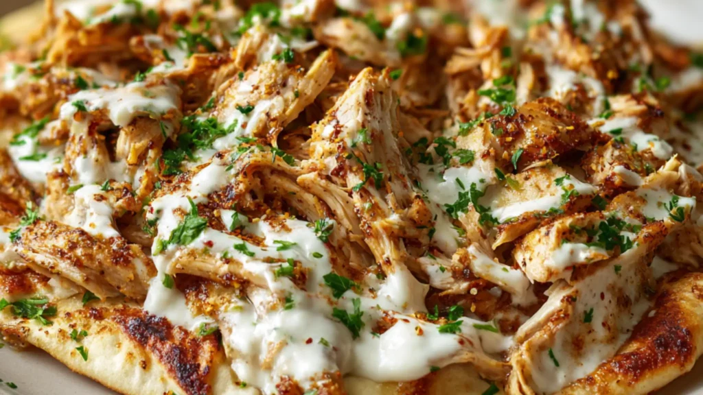 Garlic chicken shawarma flatbread topped with creamy sauce and fresh herbs
