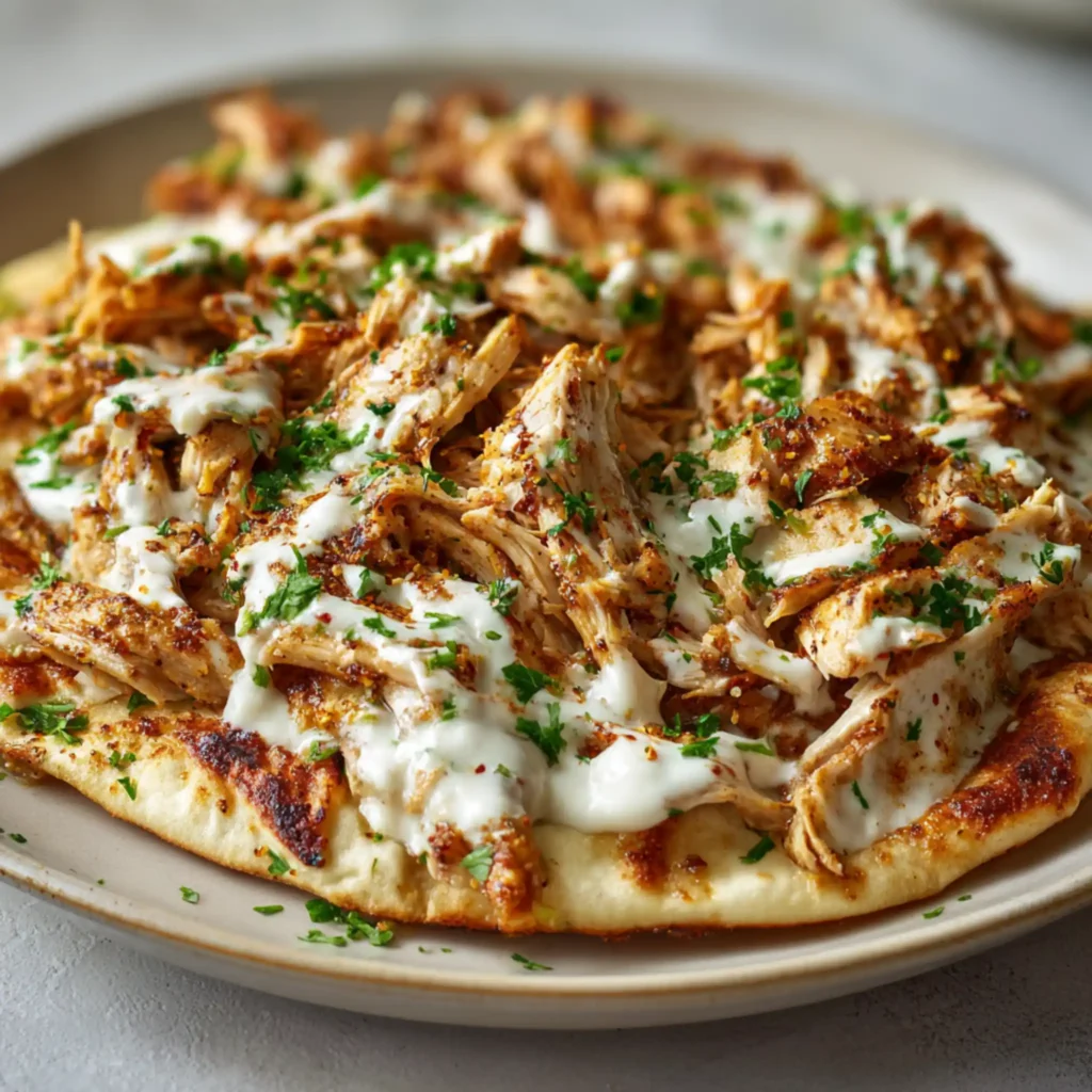 Shawarma-style garlic chicken on flatbread with creamy sauce and herbs