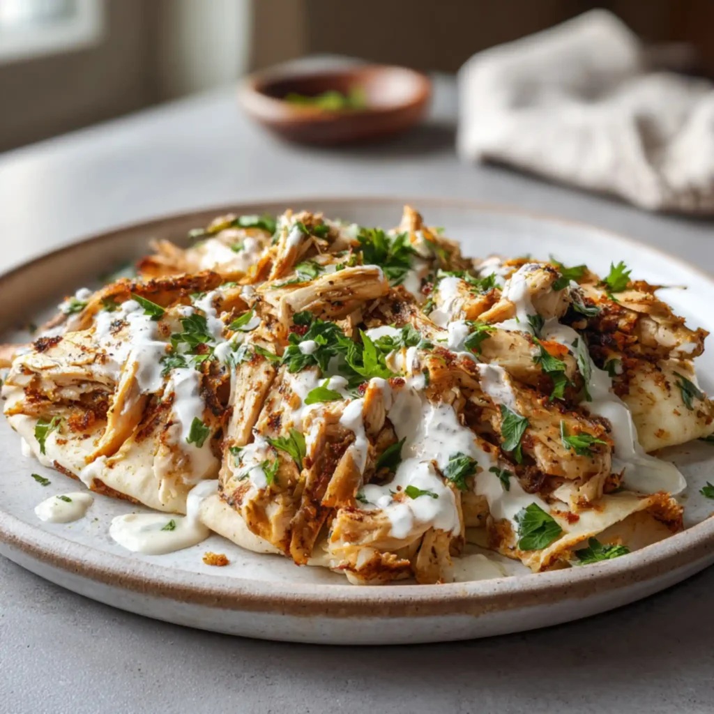 Garlic chicken shawarma served on soft flatbread with creamy sauce and fresh herbs