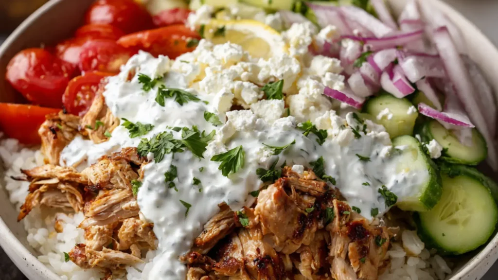 Greek chicken gyro bowl with rice, cucumber, tomato, red onion, feta, and creamy tzatziki sauce