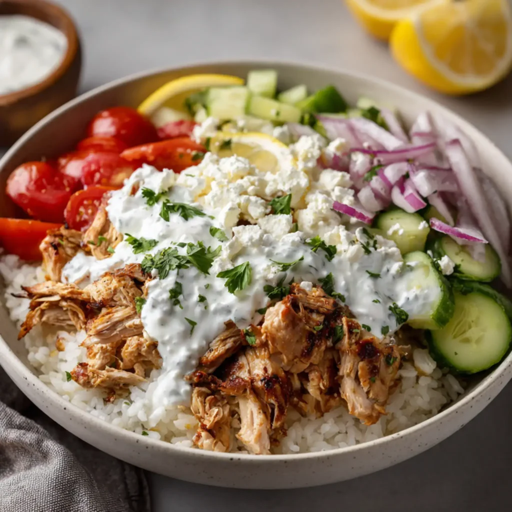 Greek chicken bowl with rice, feta cheese, cucumber, tomato, red onion, and tzatziki