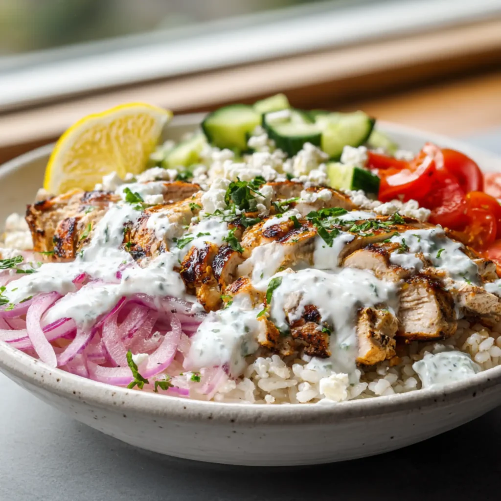Greek chicken gyro bowl with rice, grilled chicken, cucumber, tomato, red onion, feta, and tzatziki sauce