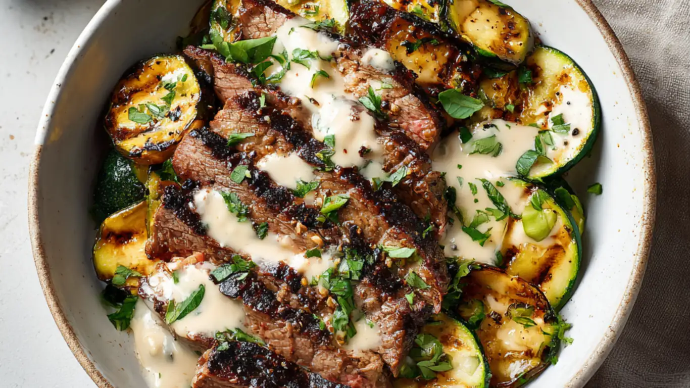 Grilled steak bowl with sautéed zucchini and creamy garlic sauce
