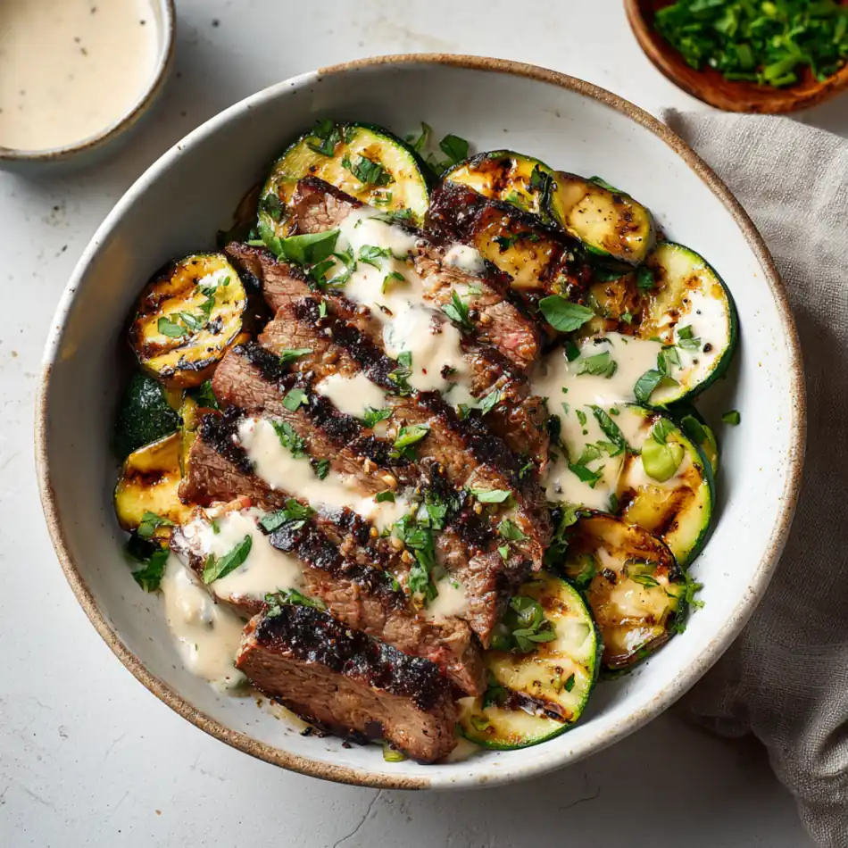Sliced grilled steak with zucchini in a savory bowl