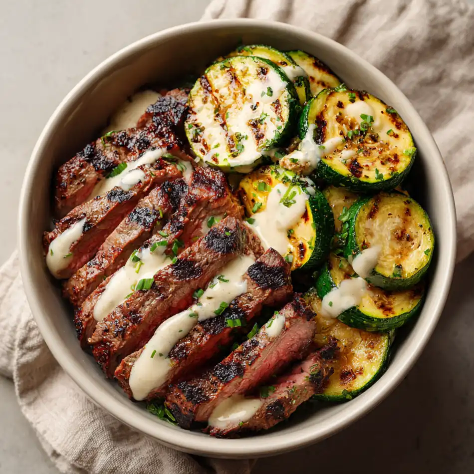 Grilled steak slices with zucchini and creamy sauce in a bowl