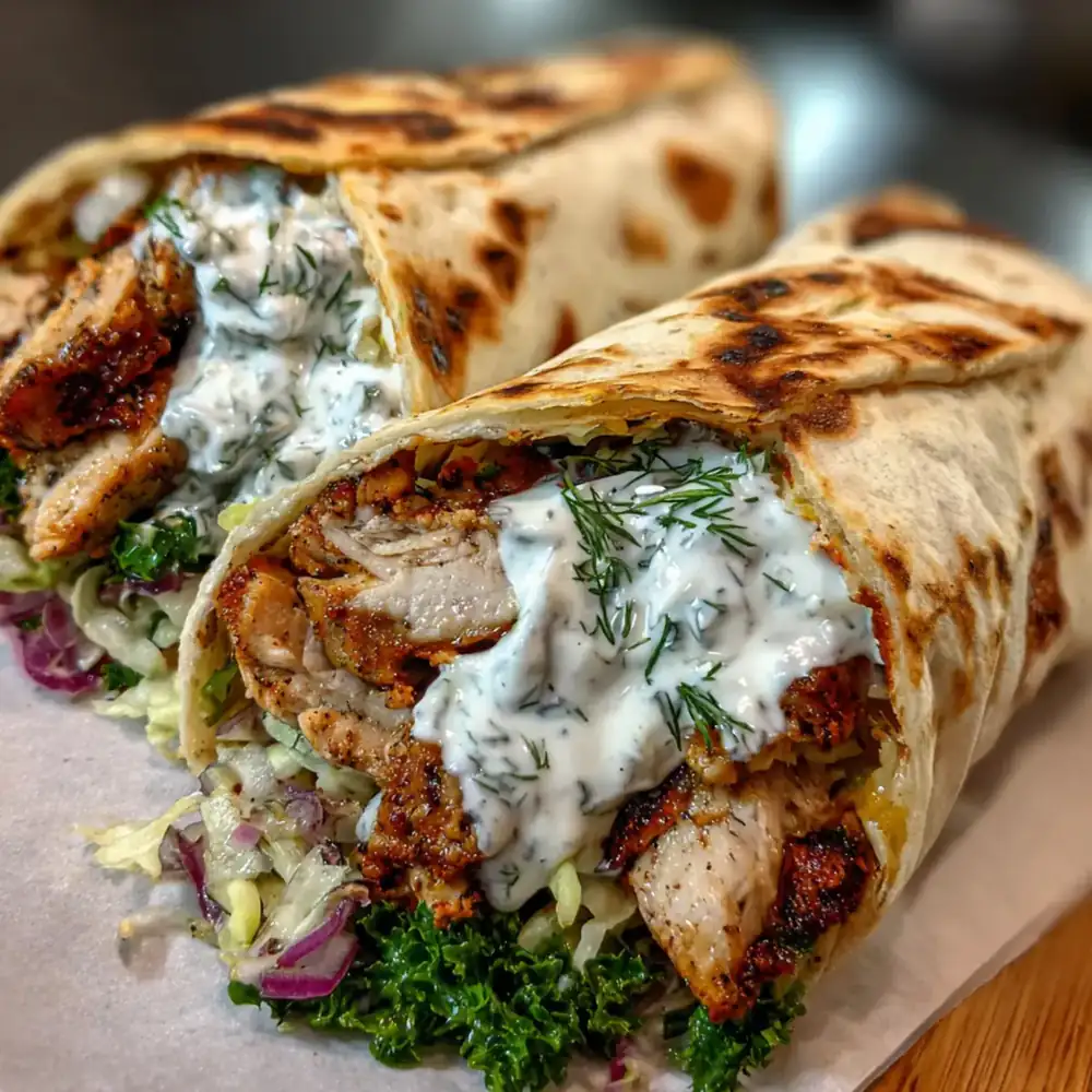 Homemade chicken shawarma wrap with seasoned chicken, fresh greens, and garlic sauce.