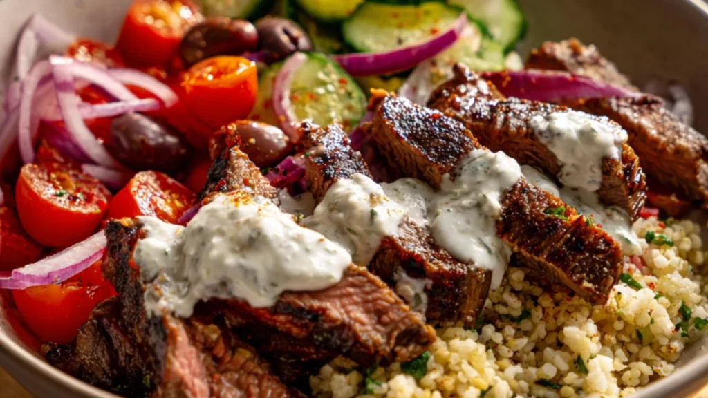 Mediterranean steak bowl with yogurt sauce, couscous, and fresh vegetables