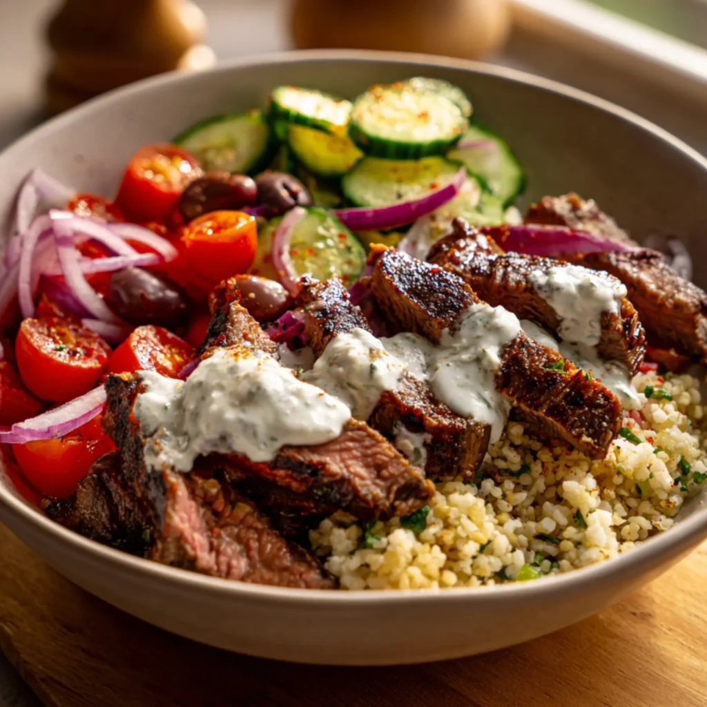 Steak bowl with couscous, yogurt sauce, tomatoes, cucumbers, and olives
