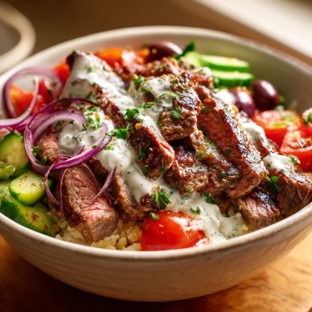 This steak couscous bowl combines seasoned steak with fluffy couscous, fresh tomatoes, cucumbers, and olives, all brought together with a creamy yogurt dressing. The dish highlights balanced textures and bold Mediterranean-inspired flavors in a simple homemade presentation.