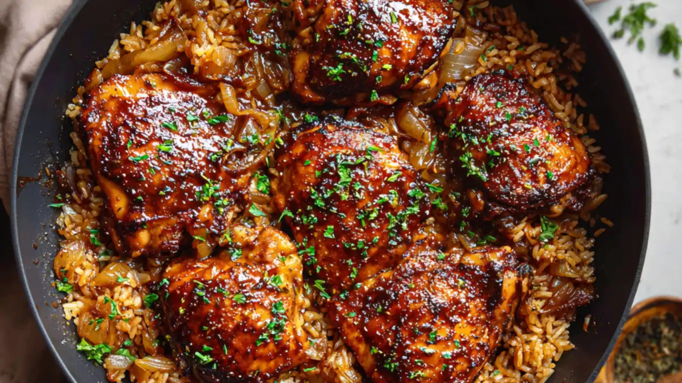 One pan chicken thighs baked with rice and caramelized onions
