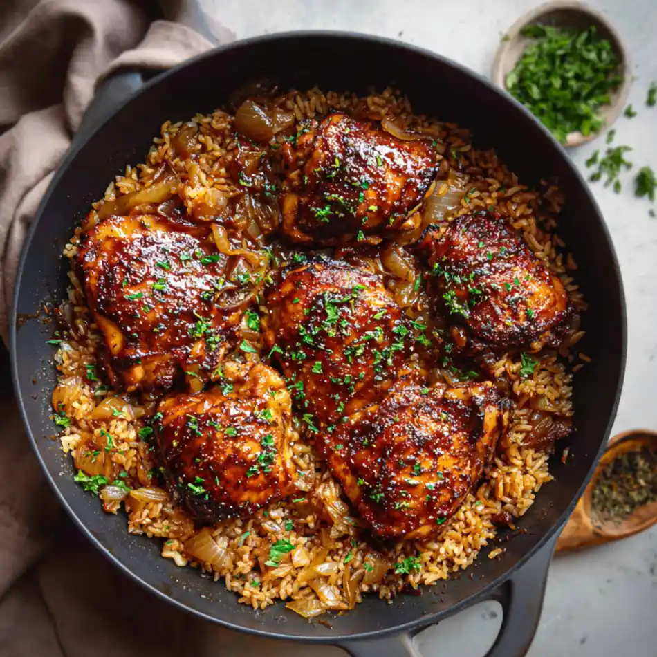 Baked chicken thighs resting on rice with herbs